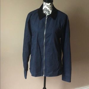 Dark blue jacket with black corduroy collar